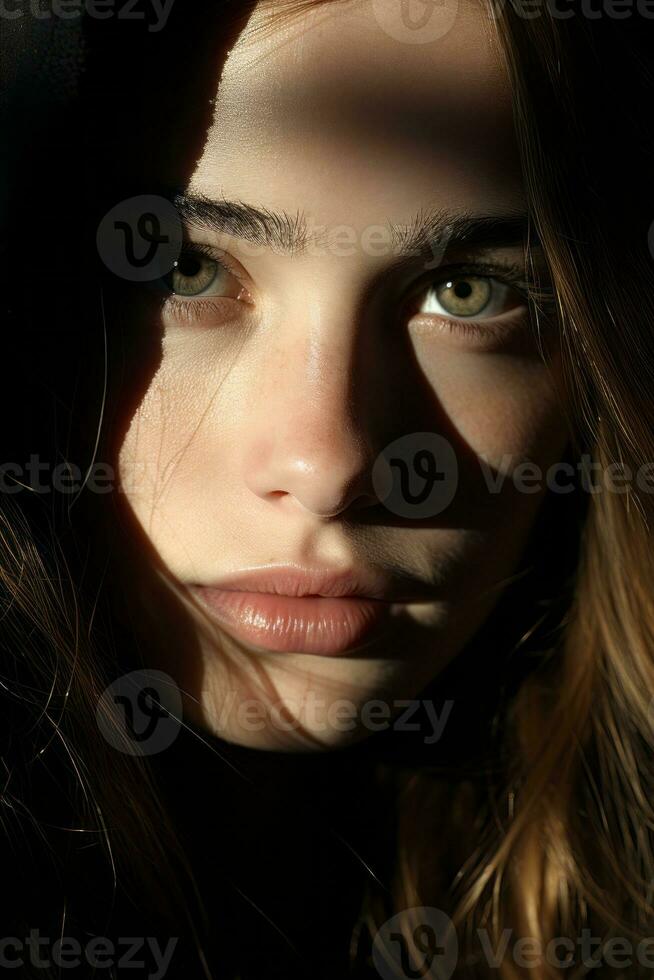a woman with long brown hair and green eyes generative ai photo