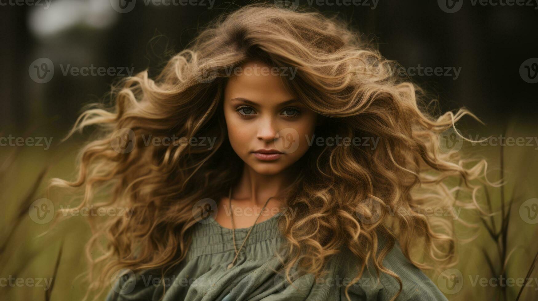 a woman with long curly hair in a field generative ai photo