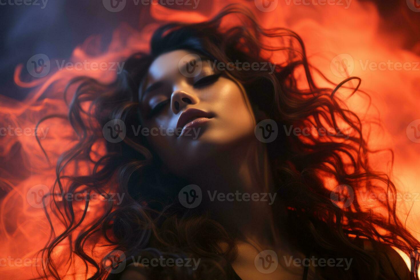 a woman with long curly hair is in front of a fire generative ai photo
