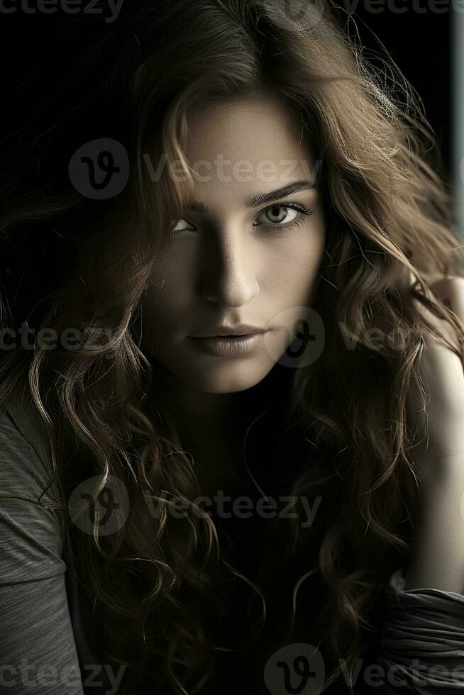 a woman with long curly hair posing for the camera generative ai photo