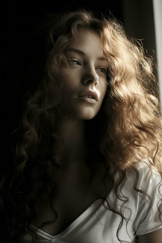 a woman with long curly hair standing in front of a window generative ai photo