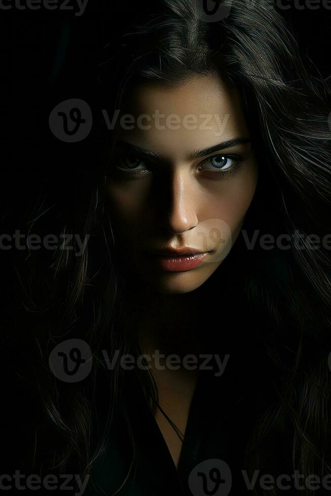 a woman with long dark hair and blue eyes generative ai photo