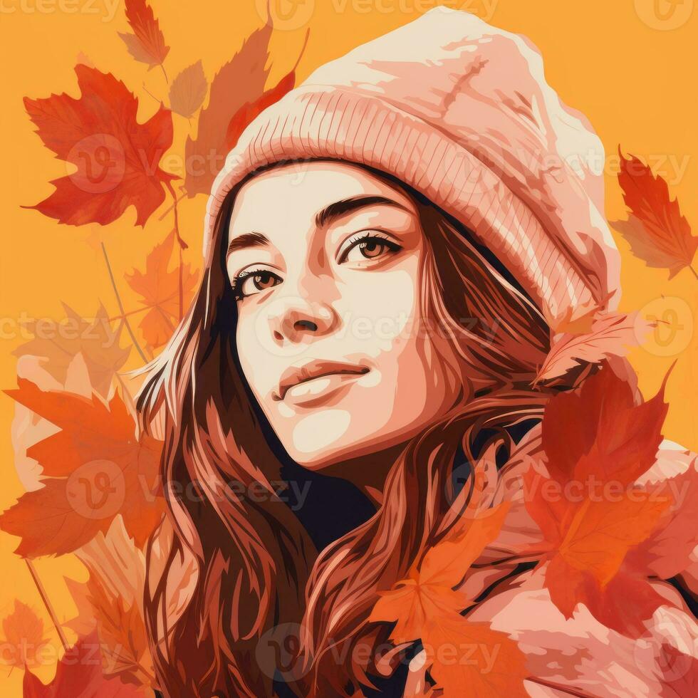 a woman with long hair and a beanie is surrounded by autumn leaves generative ai photo
