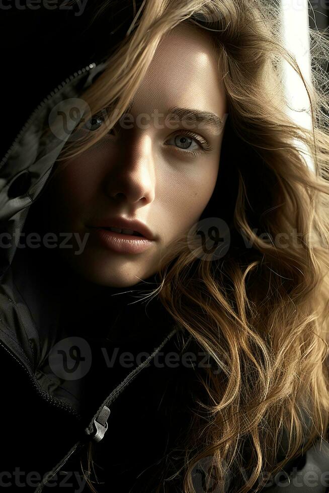 a woman with long hair and a black jacket generative ai photo