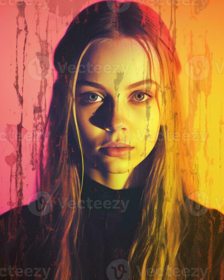 a woman with long hair and a colorful background generative ai photo