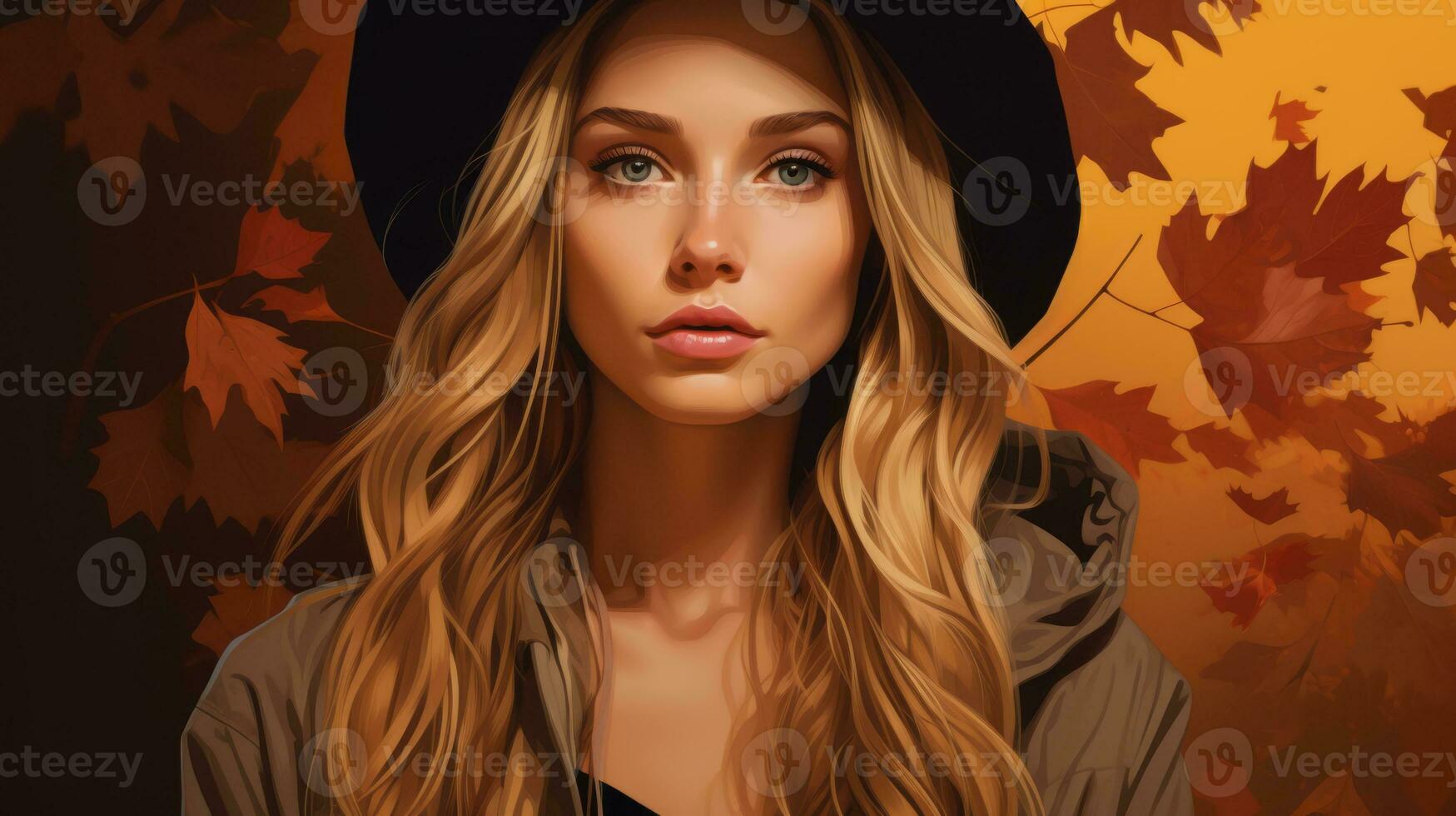 a woman with long hair and a hat in front of autumn leaves generative ai photo