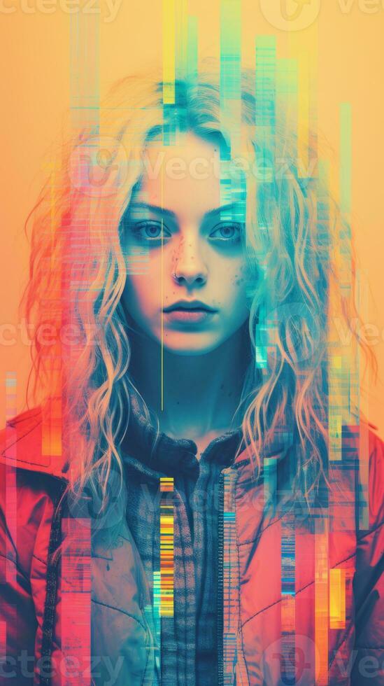 a woman with long hair and a colorful background generative ai photo