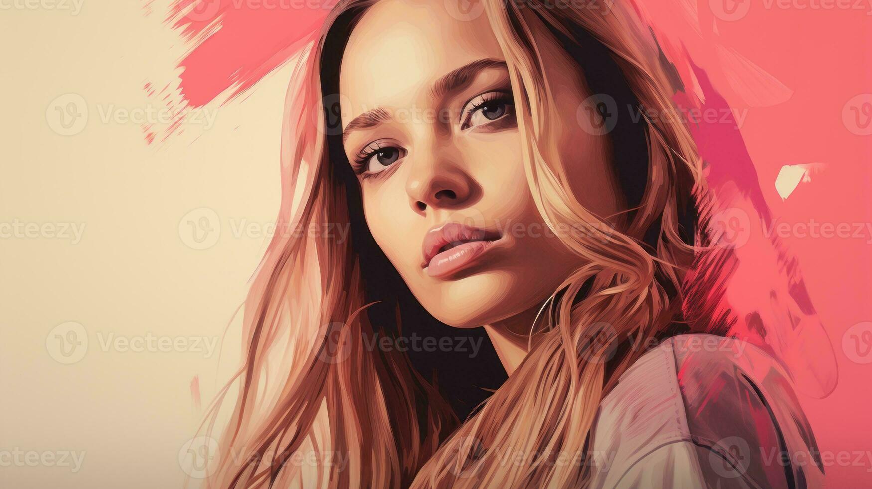 a woman with long hair and a pink background generative ai photo