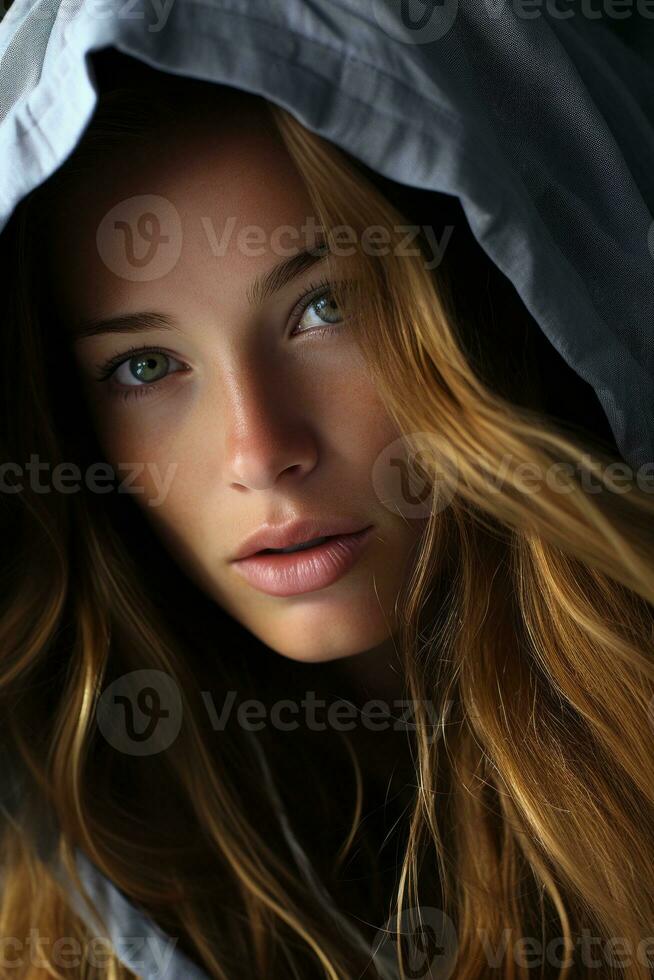 a woman with long hair and a hoodie generative ai photo