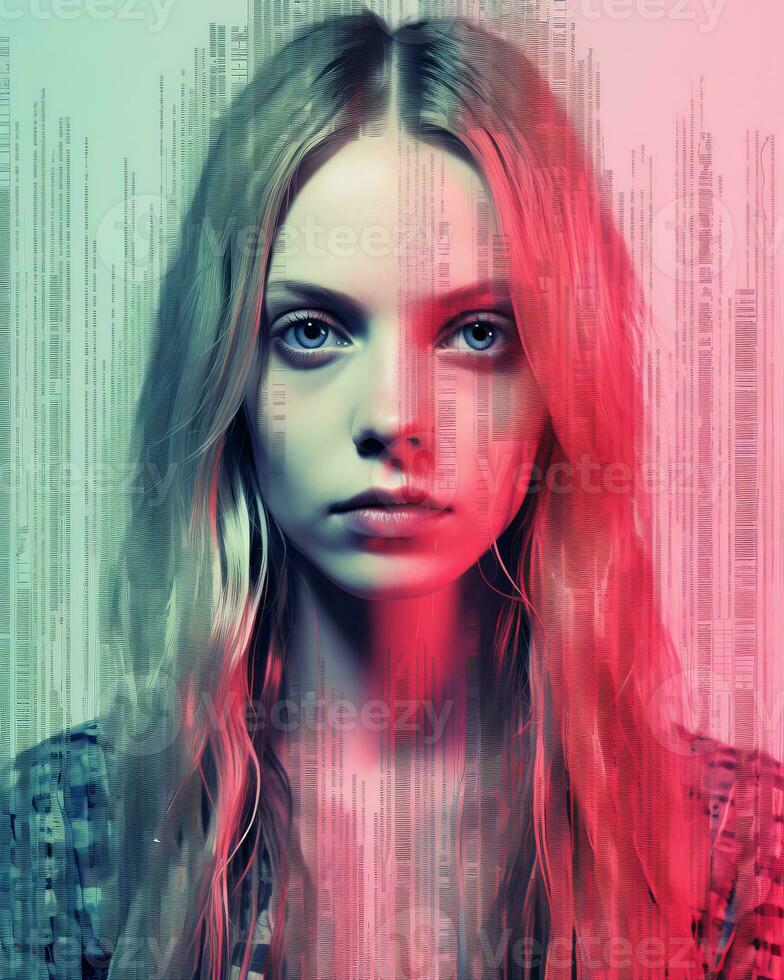 a woman with long hair and a red and blue background generative ai photo