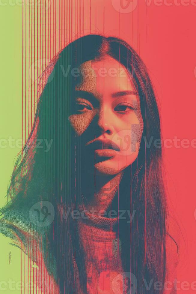 a woman with long hair and a red and pink background generative ai photo