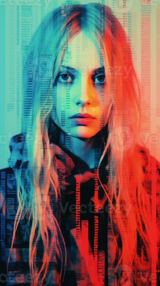 a woman with long hair and a red and blue background generative ai photo