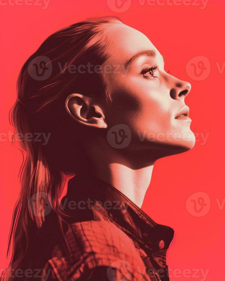 a woman with long hair and a red background generative ai photo