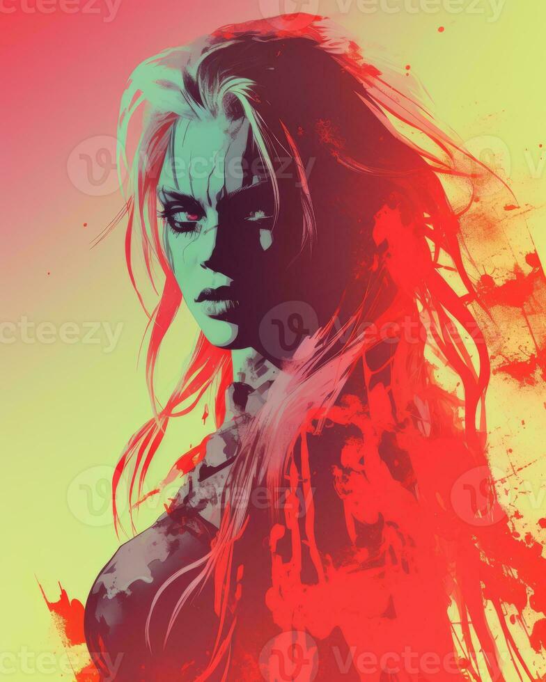 a woman with long hair and blood splatters on her face generative ai photo