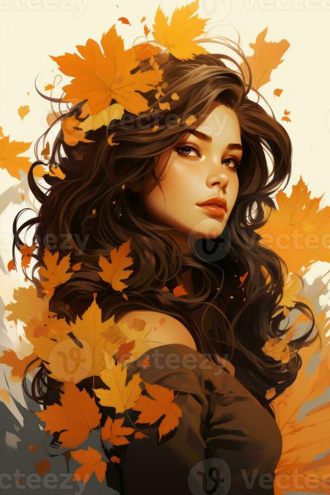 a woman with long hair and autumn leaves in her hair generative ai photo