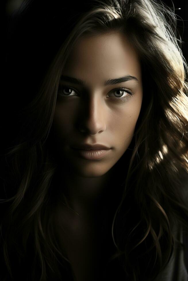 a woman with long hair and dark eyes generative ai photo