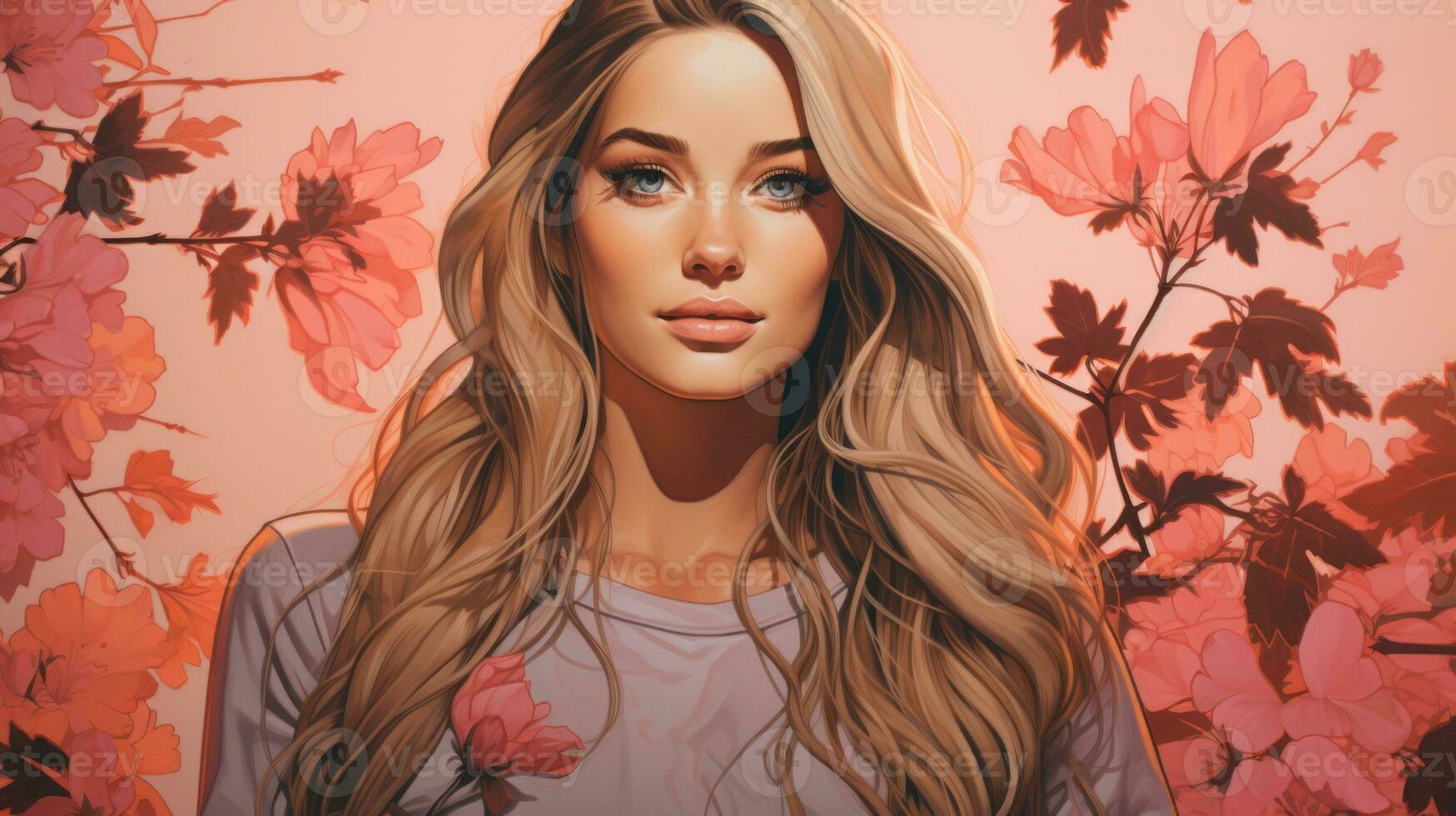 a woman with long hair and flowers in the background generative ai photo