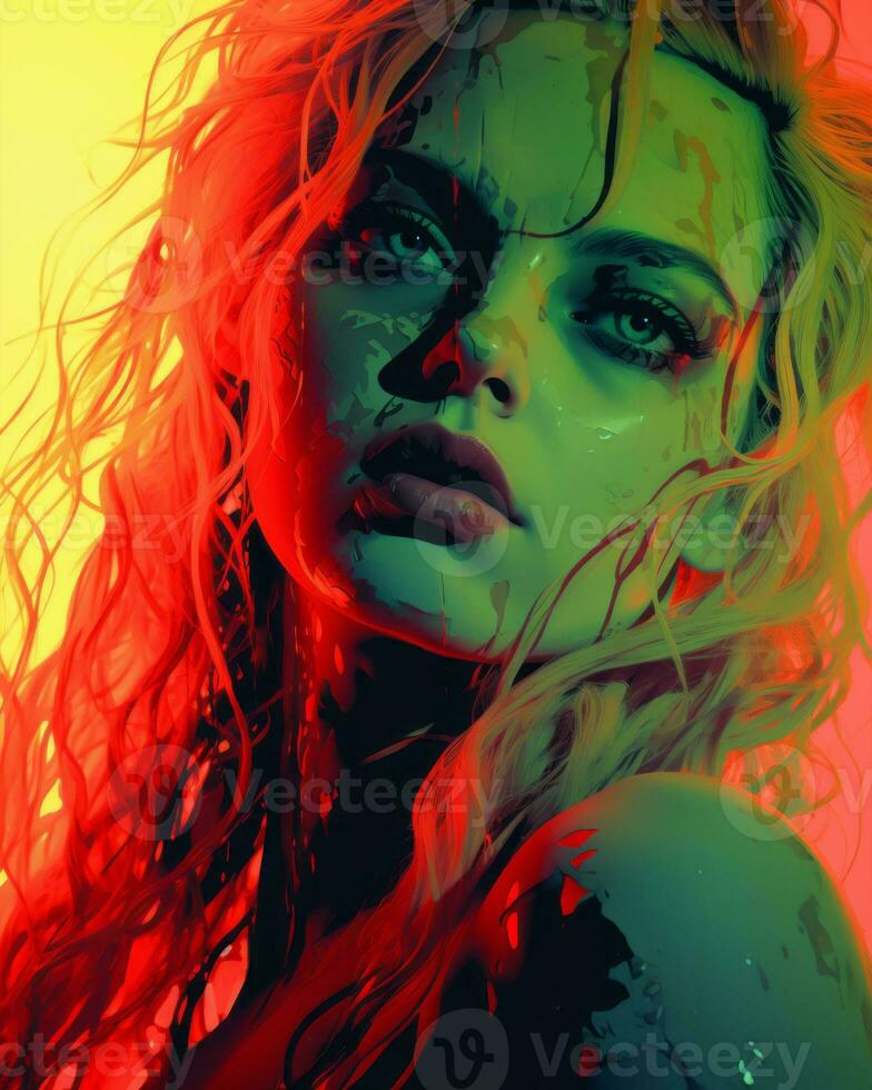 a woman with long hair and neon lights on her face generative ai photo