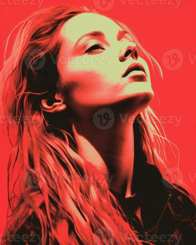 a woman with long hair and red background generative ai photo