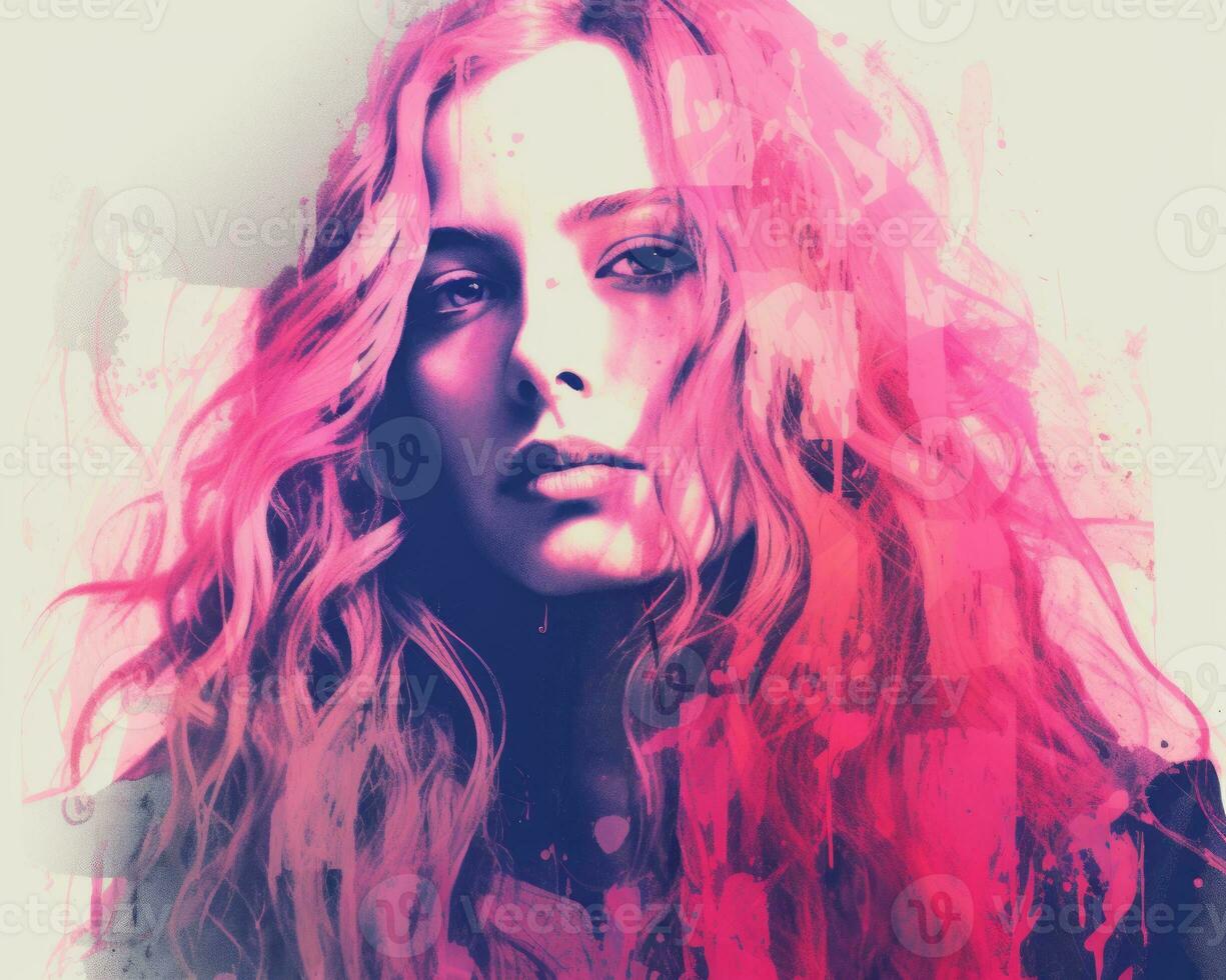a woman with long hair and pink paint splatters on her face generative ai photo