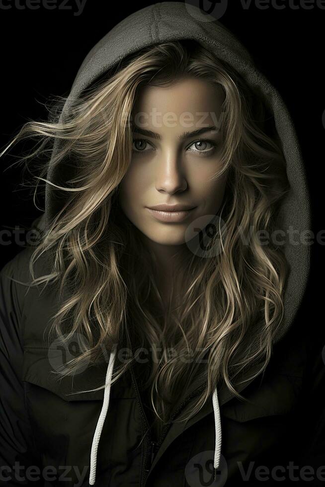 a woman with long hair in a hoodie generative ai photo