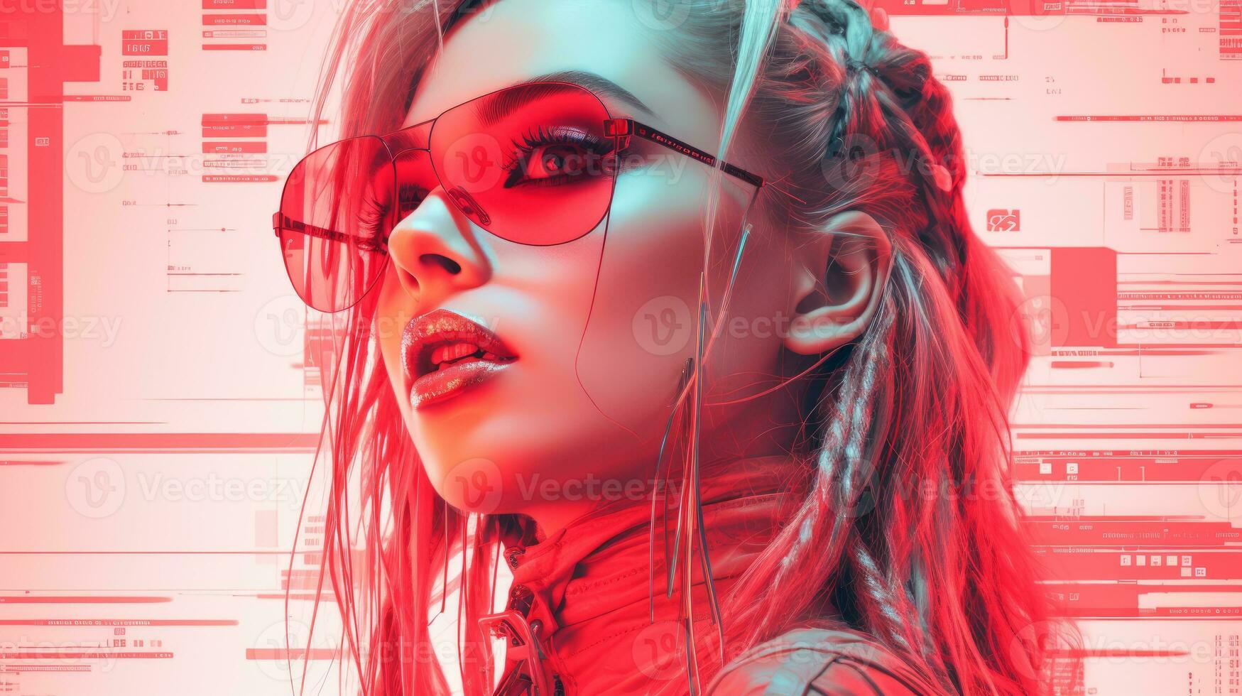 a woman with long hair and sunglasses in front of a red background generative ai photo