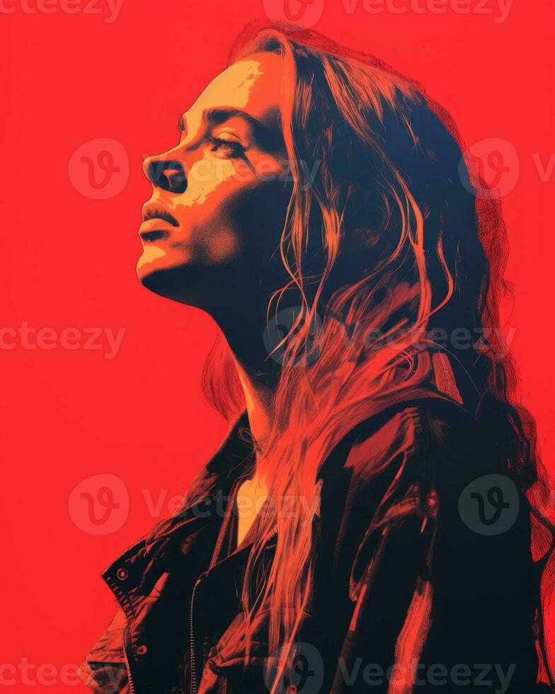 a woman with long hair in a black jacket on a red background generative ai photo