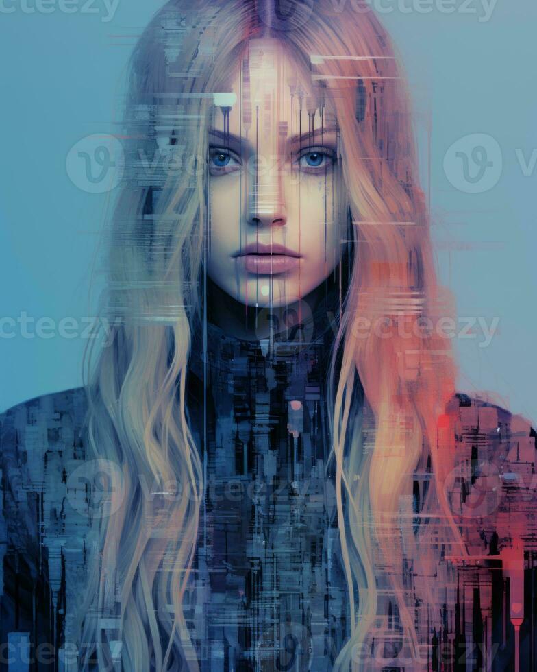 a woman with long hair in front of a cityscape generative ai photo