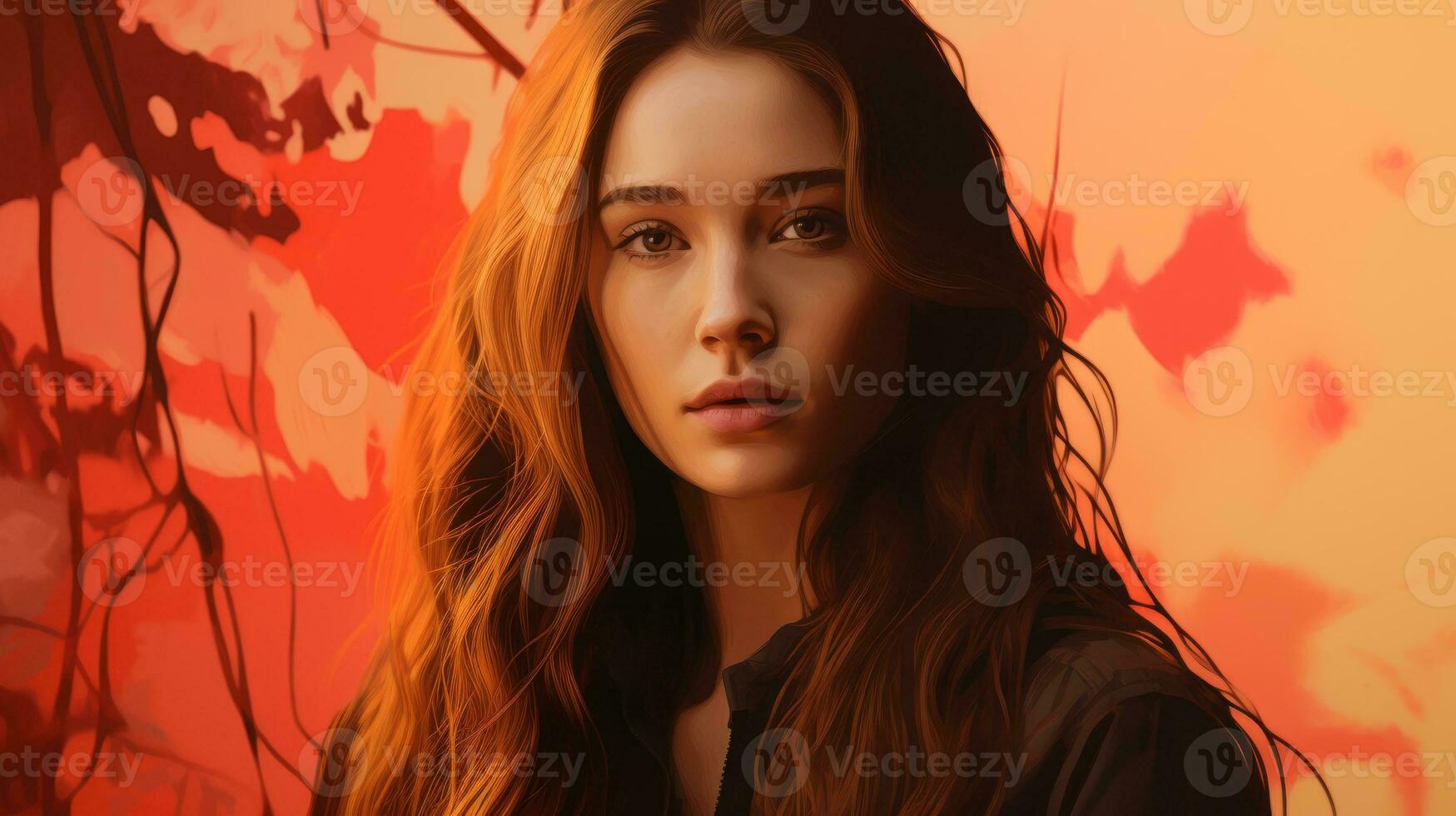 a woman with long hair in front of a red background generative ai photo