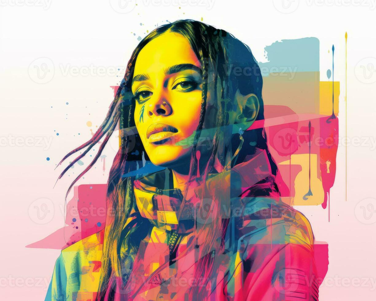 a woman with long hair in front of a colorful background generative ai photo