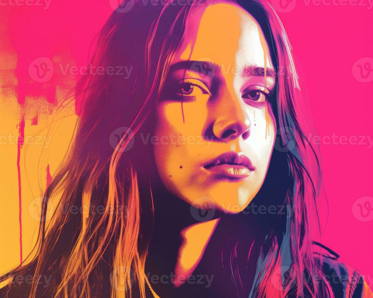a woman with long hair in front of a colorful background generative ai photo