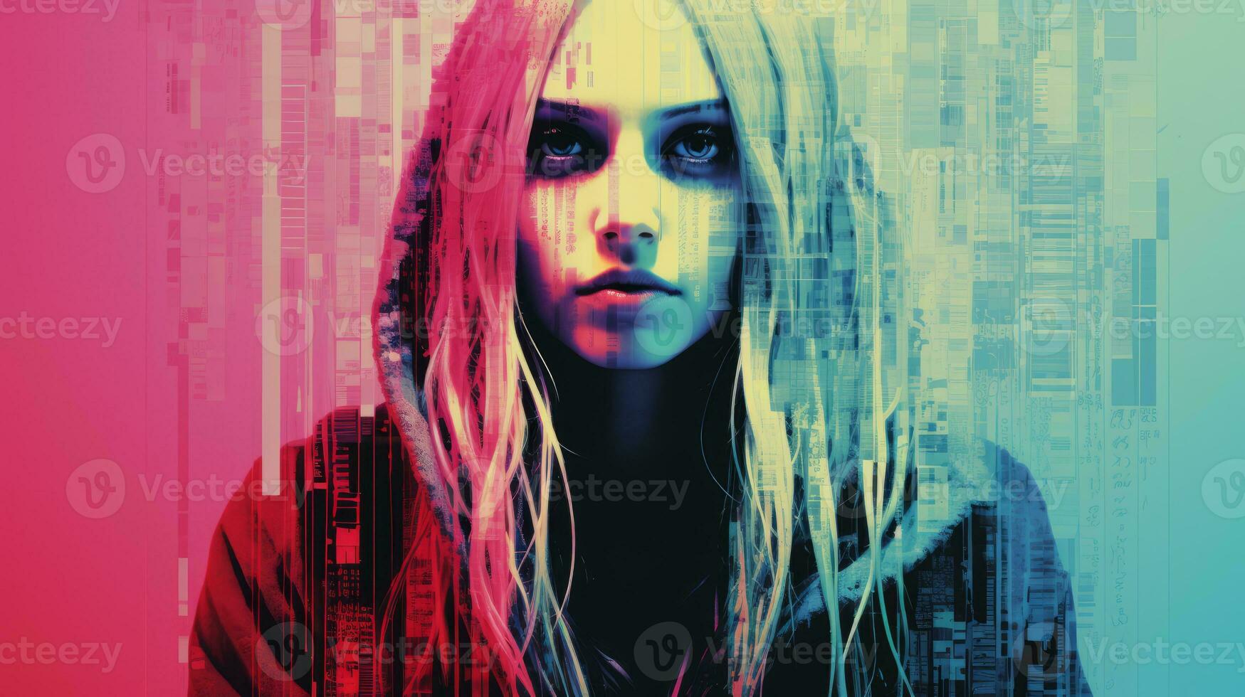 a woman with long hair in front of a colorful background generative ai photo