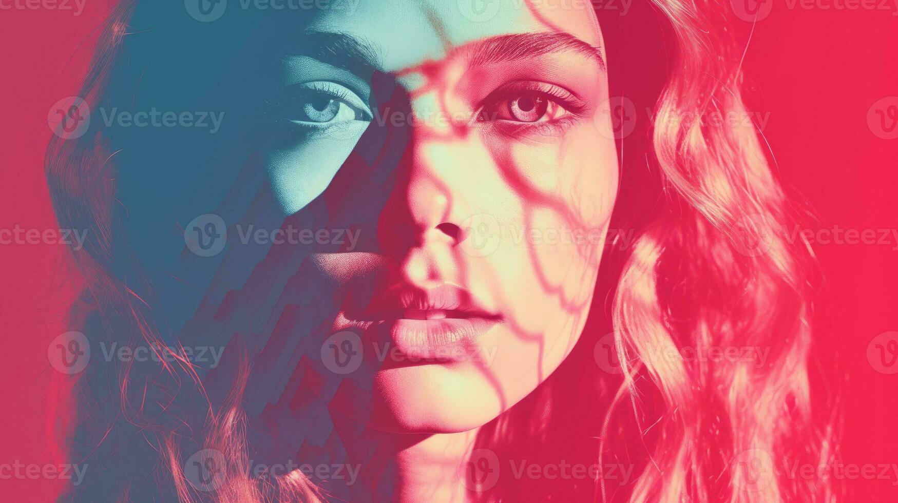 a woman with long hair in front of a red and blue background generative ai photo
