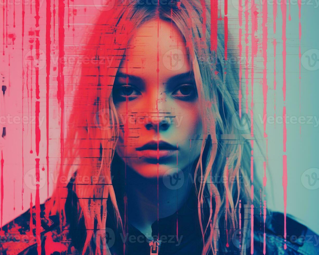 a woman with long hair in front of a red and blue background generative ai photo