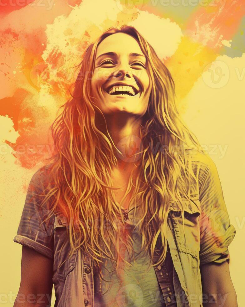 a woman with long hair is smiling in front of a colorful background generative ai photo