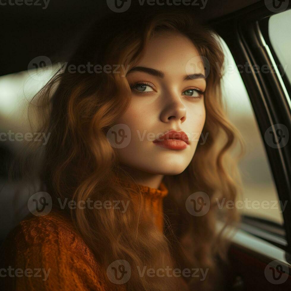a woman with long hair sitting in a car generative ai photo