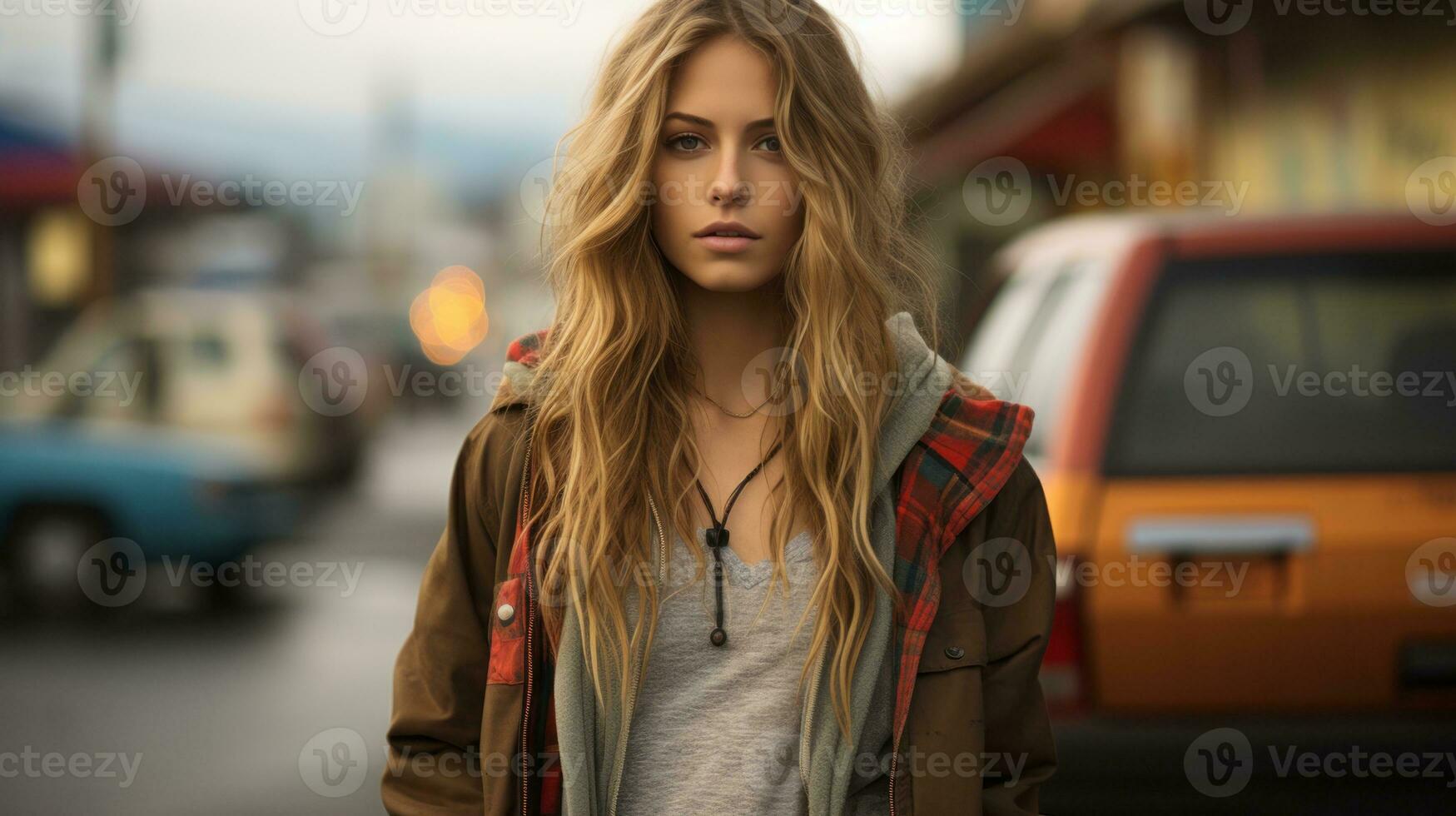 a woman with long hair standing in front of a car generative ai photo