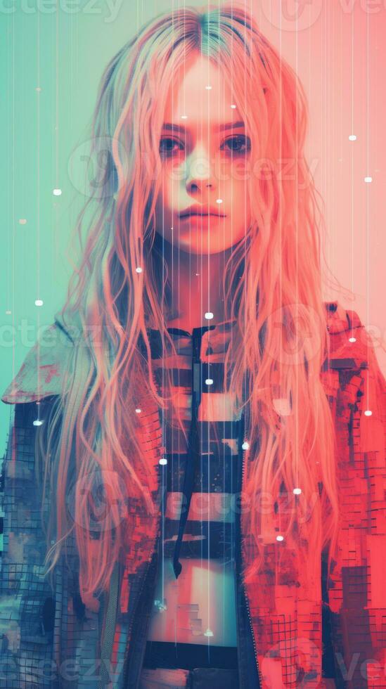 a woman with long hair standing in front of a colorful background generative ai photo