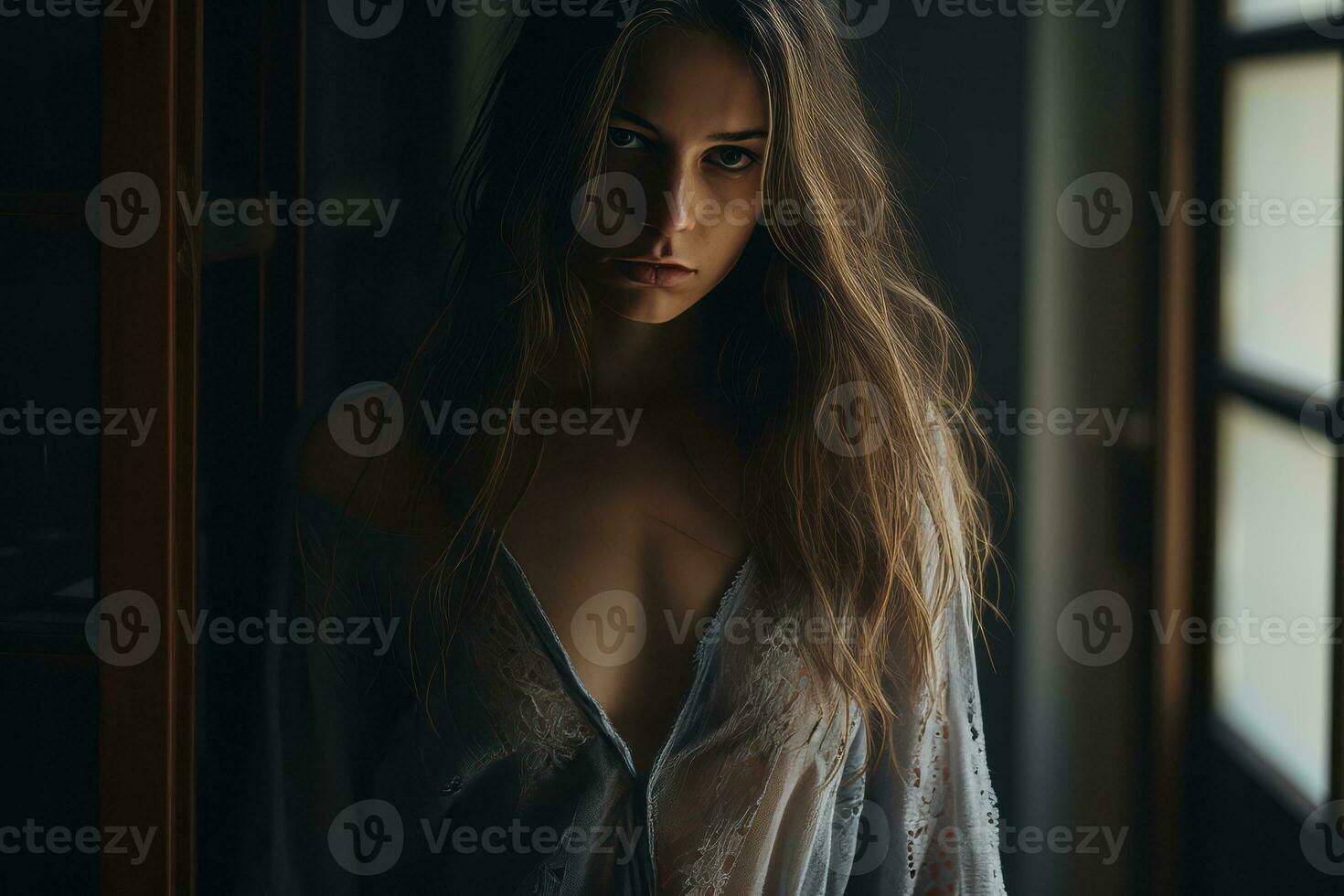 a woman with long hair standing in front of a window generative ai photo