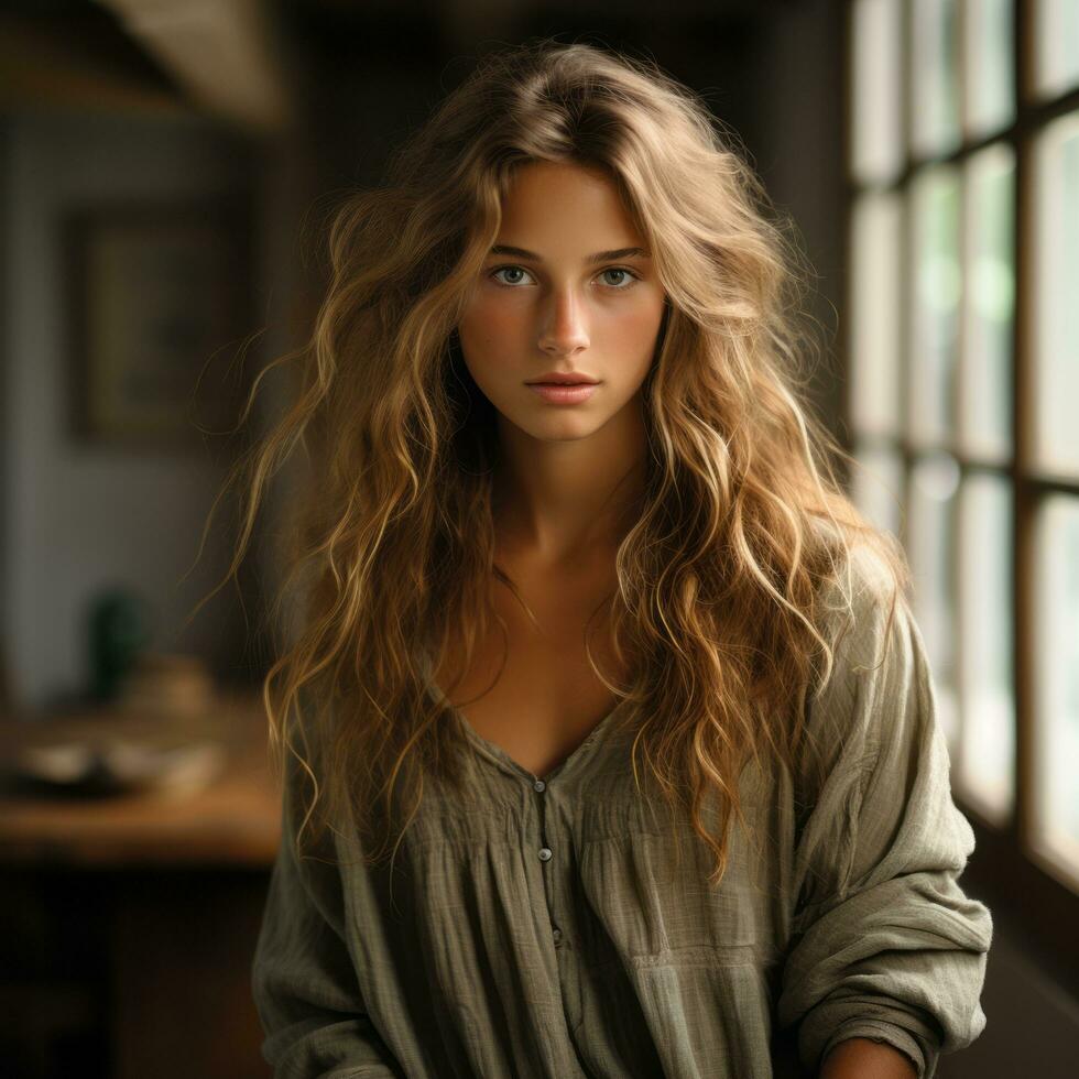 a woman with long hair standing in front of a window generative ai photo
