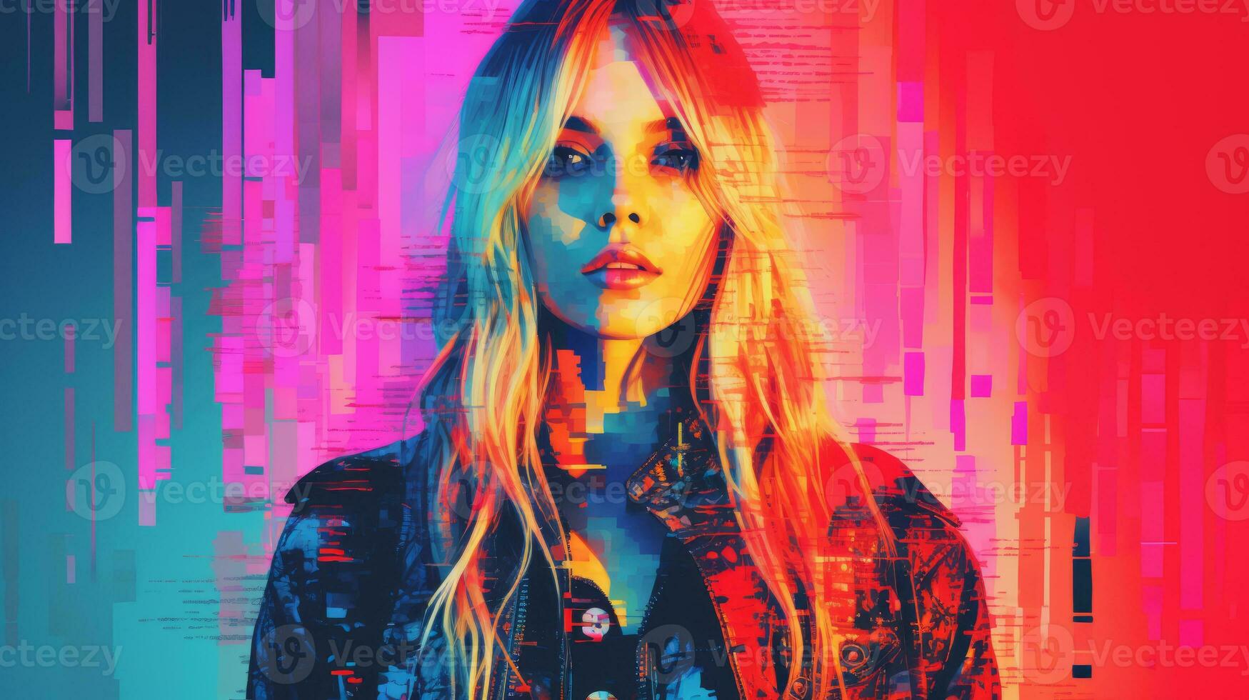 a woman with long hair standing in front of a colorful background generative ai photo