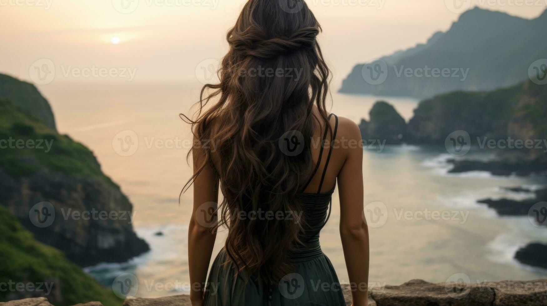 a woman with long hair standing on a cliff overlooking the ocean generative ai photo