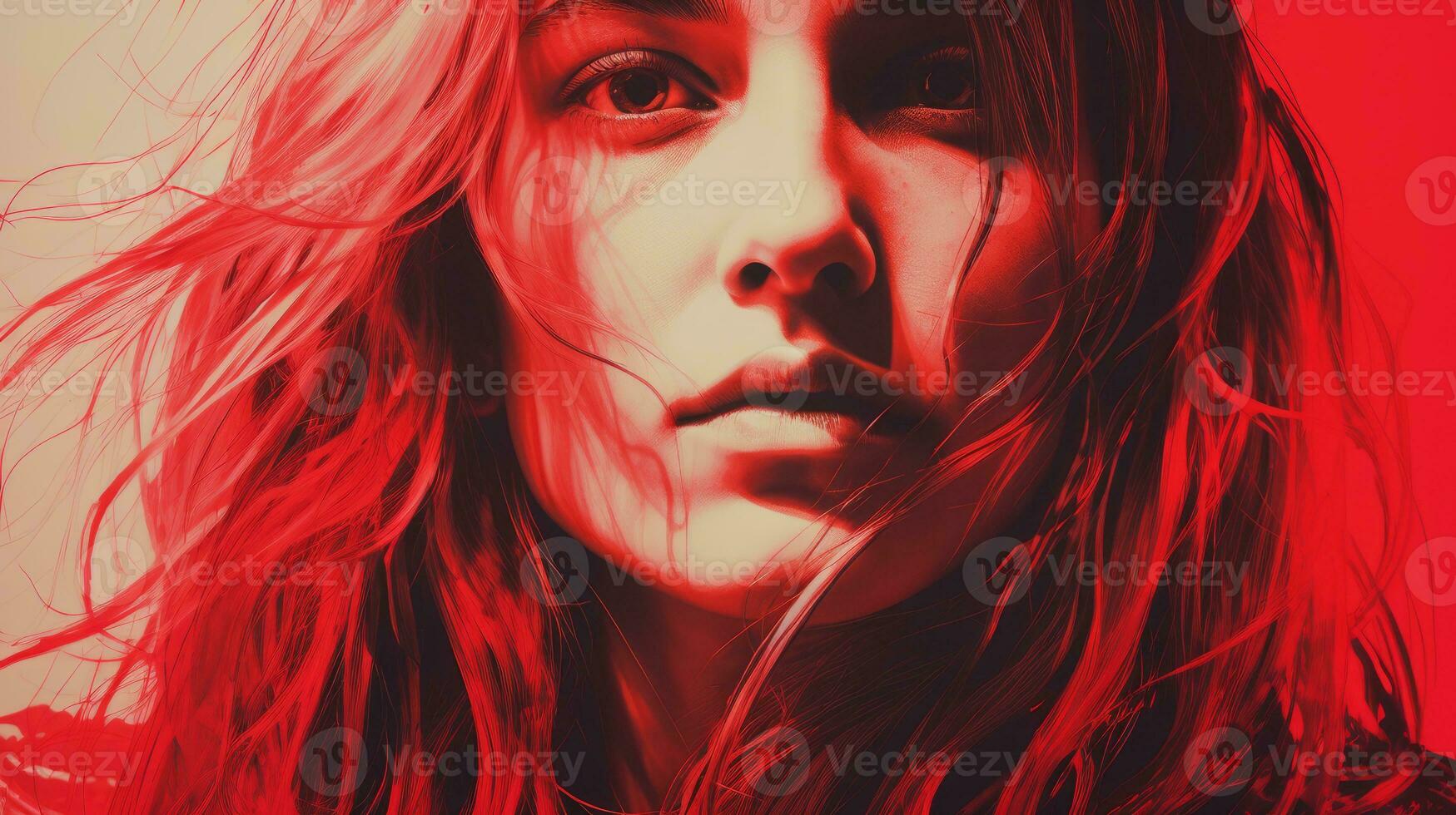 a woman with long red hair and a red background generative ai photo