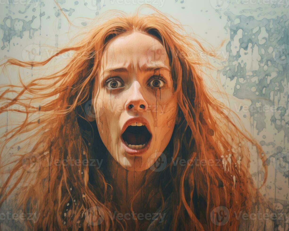 a woman with long red hair and an open mouth generative ai photo