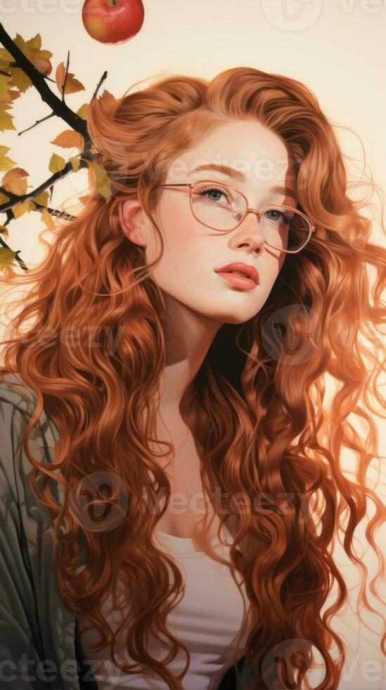a woman with long red hair and glasses is standing in front of an apple tree generative ai photo