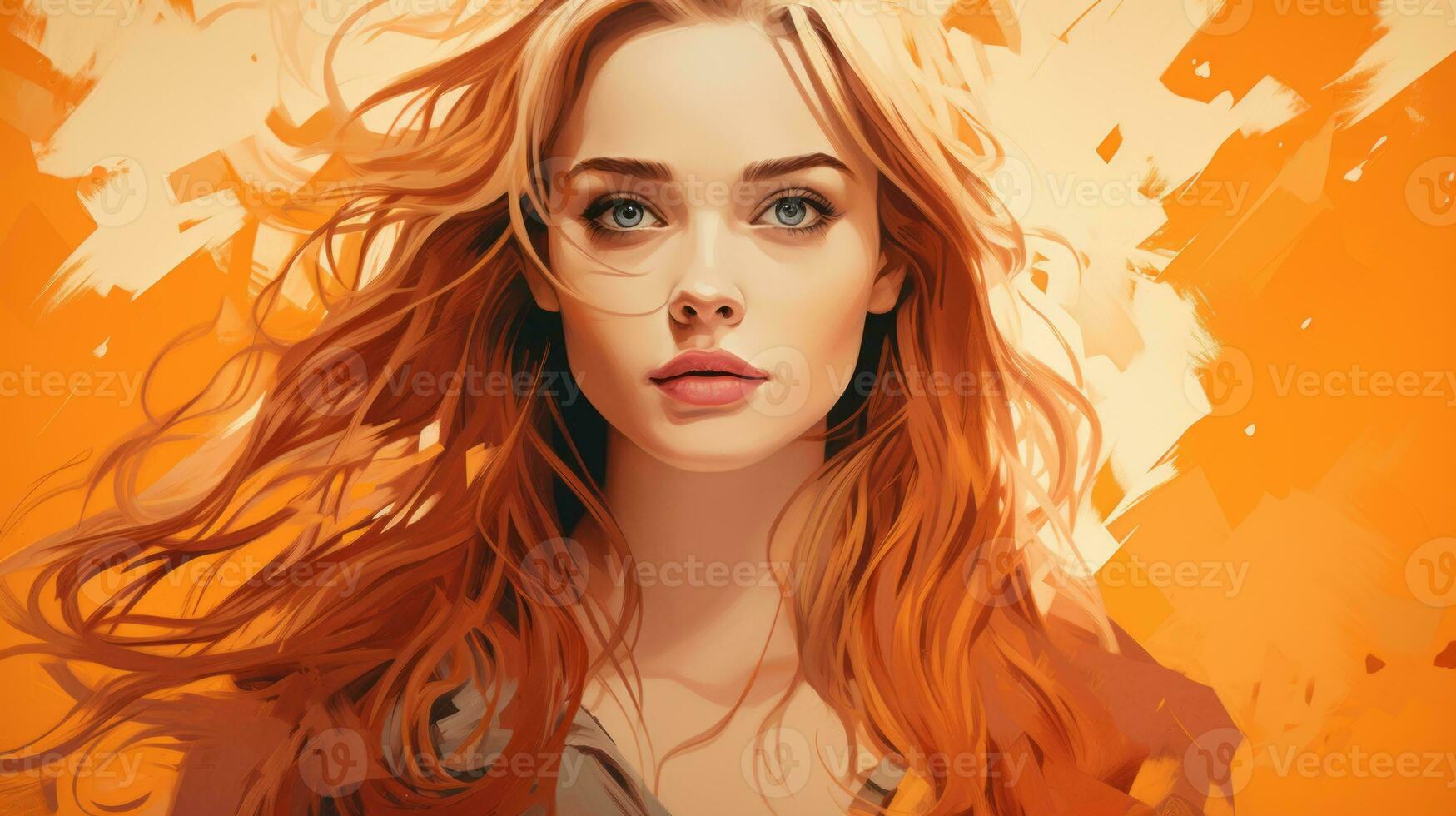 a woman with long red hair is in an orange background generative ai photo
