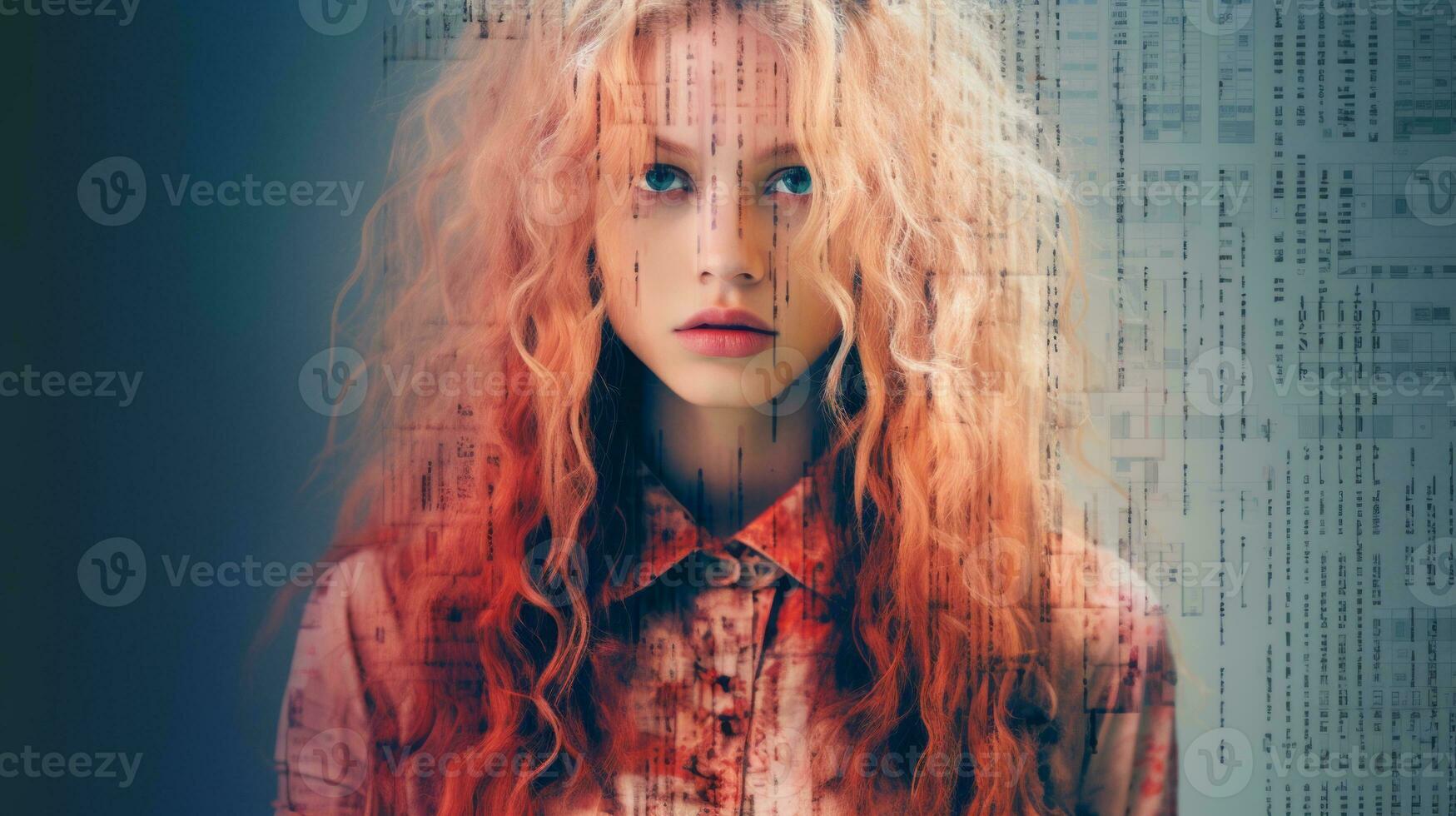 a woman with long red hair is standing in front of a computer screen generative ai photo