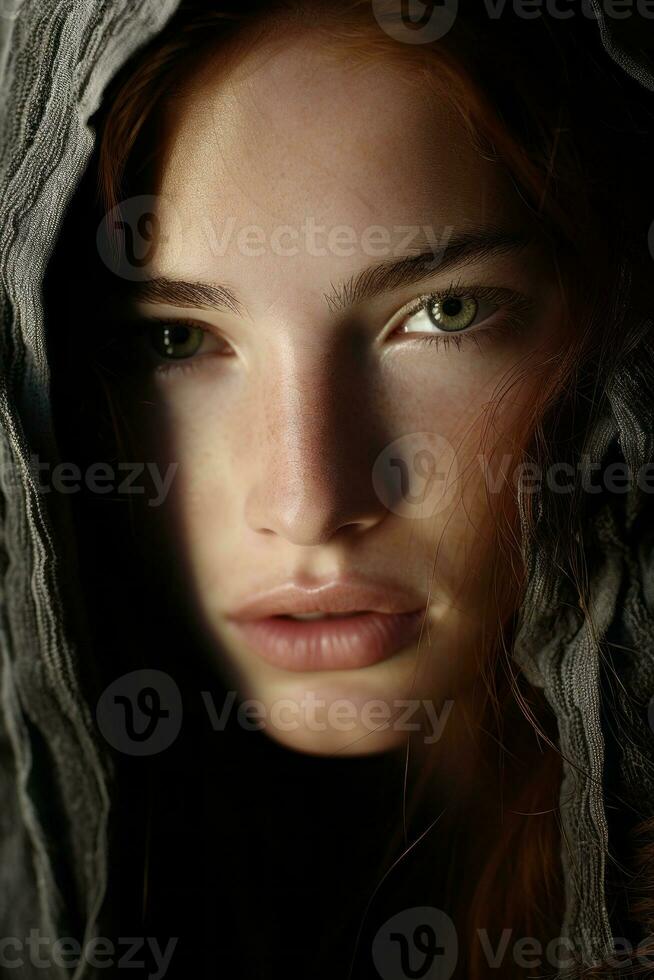 a woman with long red hair is wearing a hood generative ai photo