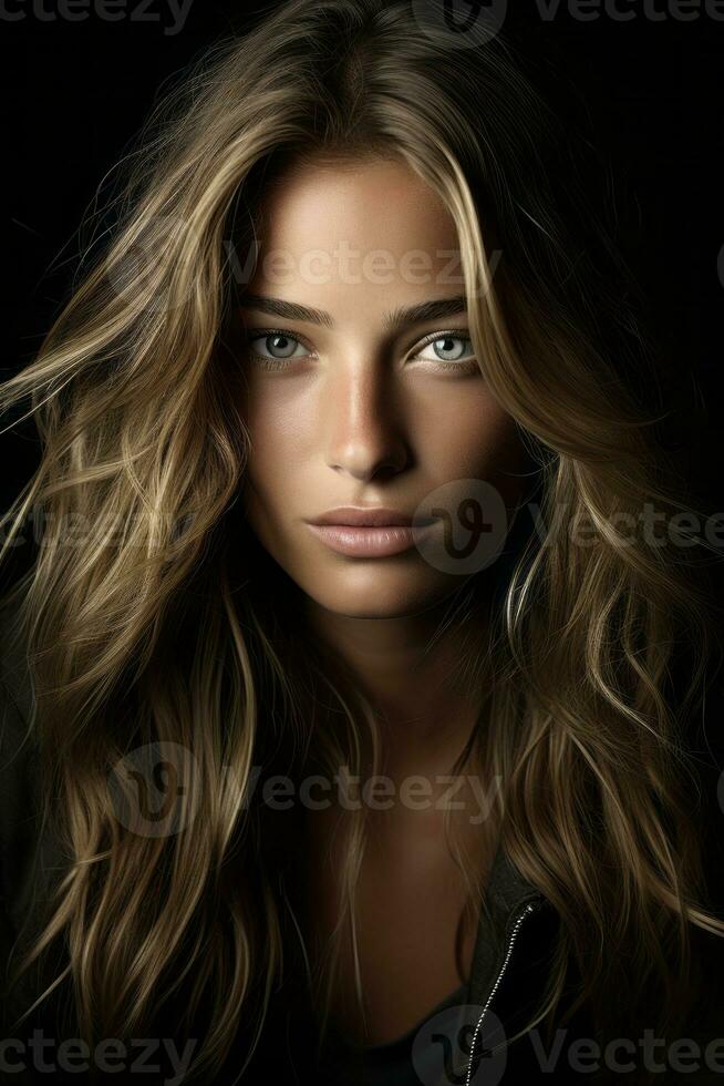 a woman with long wavy hair and blue eyes generative ai photo