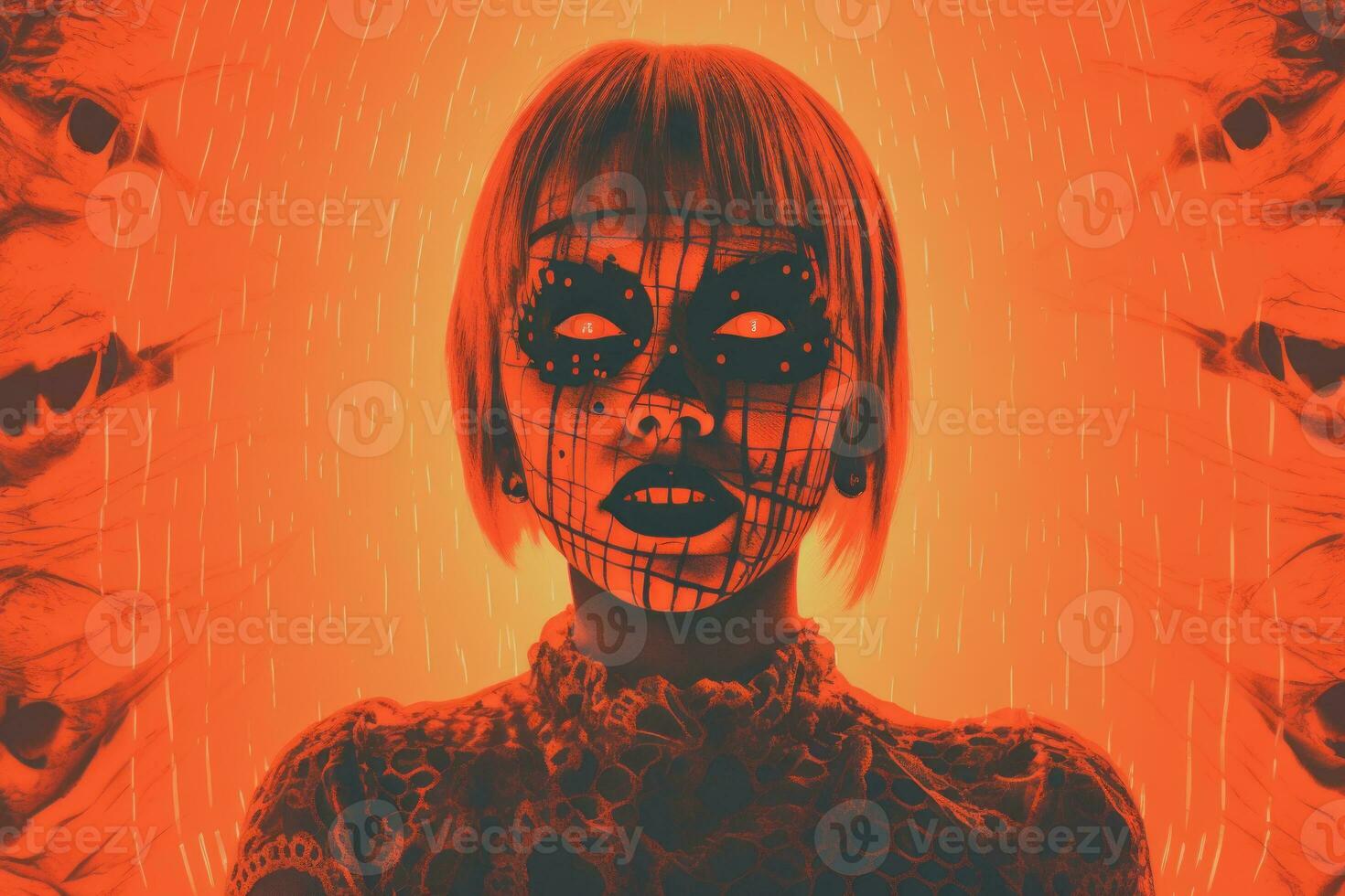 a woman with makeup on her face in front of an orange background generative ai photo